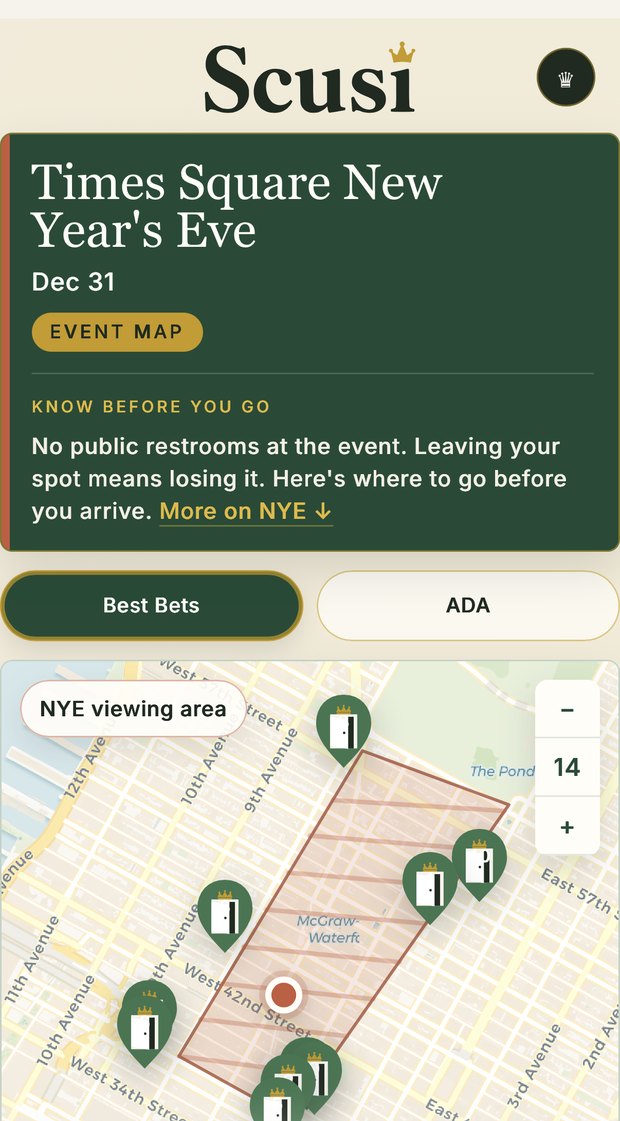 The Scusi guide for Times Square New Year's Eve on a phone, showing the NYE viewing area outlined on a map with restroom pins around it.