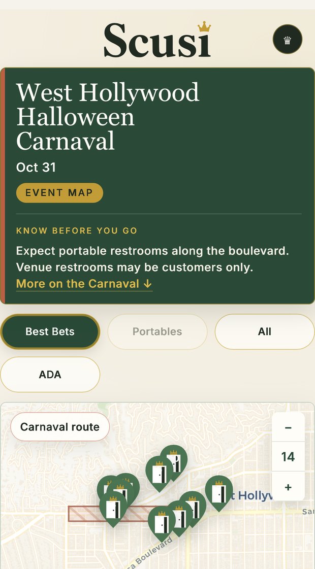 The Scusi guide for the West Hollywood Halloween Carnaval on a phone, showing the carnaval route and restroom pins along Santa Monica Boulevard.